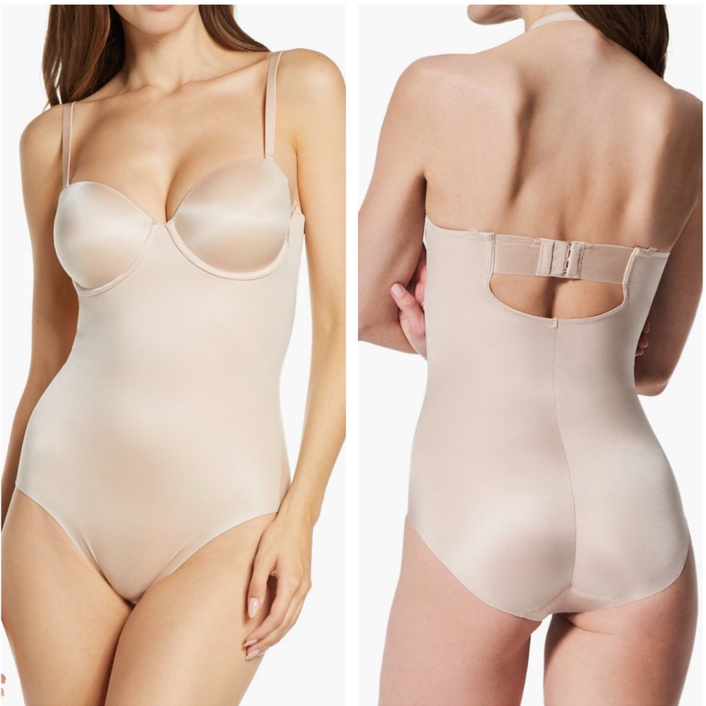 SPANX Suit Your Fancy Strapless Cupped Brief Bodysuit NEW Size L Champagne Beige